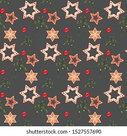 Christmas seamless pattern. Seamless pattern with star cookie gingerbread, mistletoe and candy.  Isolated on gray. Wrapping paper. Wallpaper. Vector design for Christmas season. Size 3000х3000