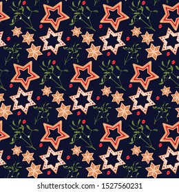 Christmas seamless pattern. Seamless pattern with star cookie gingerbread, mistletoe and candy.  Isolated on blue. Wrapping paper. Wallpaper. Vector design for Christmas season. Size 3000x3000.