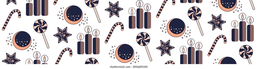 christmas seamless pattern with stars candles and cookies