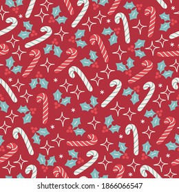 Christmas seamless pattern with stars, candy cane, snowflakes, holly berry on red background. Scandinavian style. Perfect for holiday invitations, winter greeting cards, wallpaper and gift paper
