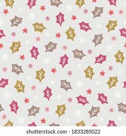 Christmas seamless pattern with stars, holly leaves, snowflakes on grey background. Perfect for winter holidays, New Year greeting cards, fabric, wallpaper. Vector illustration