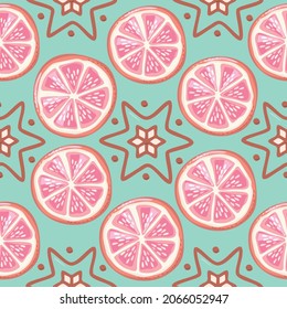 Christmas seamless pattern with stars and oranges. Cartoon print for wrapping paper. Vector illustration.