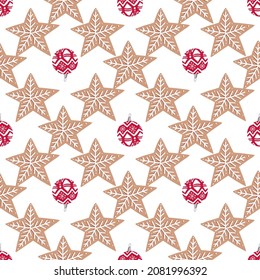 Christmas seamless pattern with stars and red tree toy