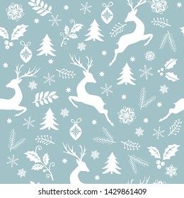 Christmas seamless pattern with stars. reed, decorations, leaves, berries, trees ans snowflakes on blue background. 