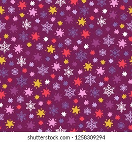 Christmas seamless pattern with stars and snowflakes on dark purple background. Perfect for holiday invitations, wrapping paper, greeting cards. Vector illustration.