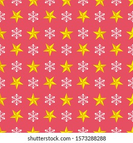 Christmas seamless pattern with stars and snowflakes on red background. Vector isolated illustration. For web design, wallpaper, wrapping paper, scrapbooking, for printing on clothes, textile, package