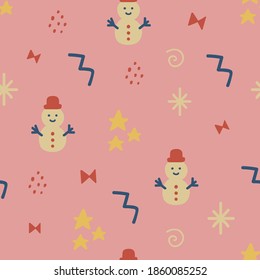 Christmas seamless pattern with stars, snowman, bow. Hand drawn unique texture for greeting card. Celebration party decoration. Winter Holiday design elements. Social media cover. Vector illustration.