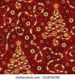 Christmas seamless pattern in steampunk style with gears, rivets, wire, sparkles and christmas tree on a red background. Outline gearwheels behind.