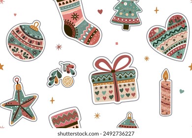 Christmas seamless pattern stickers boho style. Festive Christmas decor. Christmas tree decorations, balls, gift stocking, gift box, candle, heart, snowflakes, stars, decorations, traditional colors