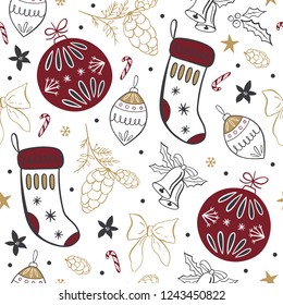 Christmas seamless pattern with stocking, ring, ball, mistletoe in black, red and white palette. Scandinavian style. Vector illustration