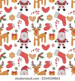 Christmas seamless pattern with stocking, santa claus, rein deer, gingerbread cookies, candy cane, holly berry plant tree decorations, gift box on white background. Hand drawn vector flat illustration