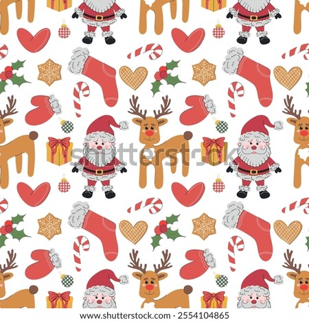 Christmas seamless pattern with stocking, santa claus, rein deer, gingerbread cookies, candy cane, holly berry plant tree decorations, gift box on white background. Hand drawn vector flat illustration