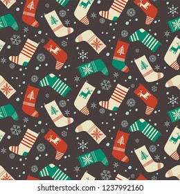 Christmas seamless pattern. Christmas stockings. Chrismas socks. for gifts. Cartoon vector hand drawn eps 10 illustration isolated on dark background in a flat style