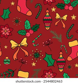 Christmas Seamless Pattern with Christmas Stockings, Holly Berry and Decorative Elements. Merry Christmas print for wrapping paper, textile, postcards