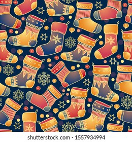 Christmas seamless pattern with stockings, snowflakes and stars isolated on dark blue background. Winter holidays and New Year design. Hand drawn cute warm Christmas socks. Doodle endless vector.