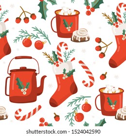 Christmas seamless pattern with stockings, tree floral, candy cane, mug. Scandinavian style. Vector illustration