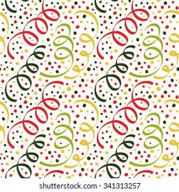 Christmas seamless pattern with streamers, stars and confetti. 