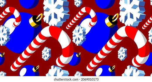Navidad sin fisuras con caña de azúcar a rayas o palo de caramelo, baubles y copos de nieve. Textura de Año Nuevo con elementos 3d en perspectiva