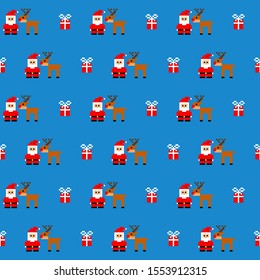 Christmas seamless pattern in style of eight-bit game. Santa and deer Rudolph on blue background. Vector illustration. 