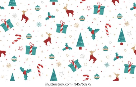 Christmas seamless pattern style flat on a white background. Bright New Year pattern for wrapping paper, print, cover design, fabric.