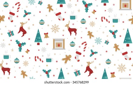 Christmas seamless pattern style flat on a white background. Bright New Year pattern for wrapping paper, print, cover design, fabric.