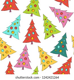 Christmas seamless pattern with stylized cartoon Christmas trees.
For packaging, wrappers, holidays, fabrics and light industry. Vector image.