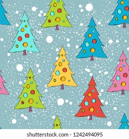 Christmas seamless pattern with stylized cartoon Christmas trees. Winter. For packaging, wrappers, holidays, fabrics and light industry. Vector image.
