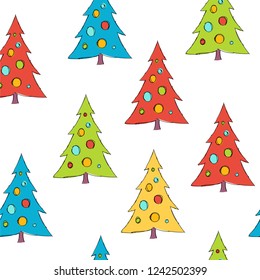 Christmas seamless pattern with stylized cartoon Christmas trees. Winter.
For packaging, wrappers, holidays, fabrics and light industry. Vector image.