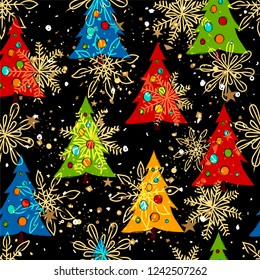 Christmas seamless pattern with stylized cartoon Christmas trees. Winter.
For packaging, wrappers, holidays, fabrics and light industry. Vector image.