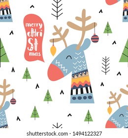 Christmas seamless pattern with stylized christmas deer and fir tree on white background. Unique hand drawn design.Vector illustration. Great for greeting postcard, nursery poster, wrapping.