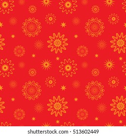 Christmas seamless pattern with stylized snowflakes and stars. Holiday orange elements on a red background