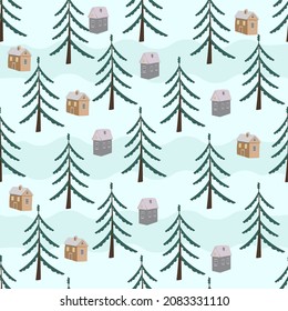 Navidad sin fisuras con estilizados árboles y casas navideñas. Vector.