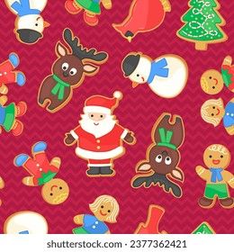 Christmas seamless pattern sugar cookies. Repeat design tile. Gingerbread man, Santa, deer shapes decorated with icing. Print for wrapping paper, fabric, greeting cards. Viva magenta background.