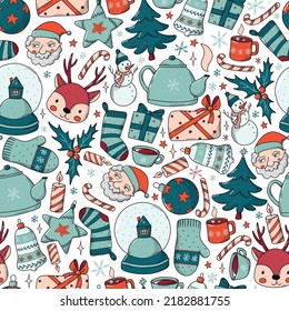 Christmas seamless pattern, surface print with hand drawn doodles for wrapping paper, tea towels, wallpaper, scrapbooking, etc. EPS 10