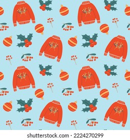 Patrón de Navidad sin fisuras. Patrón con suéter y holly. Impresión de invierno. Ilustración vectorial. Estilo plano.