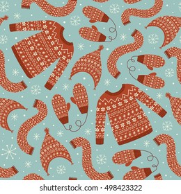 Christmas seamless pattern with sweaters, hats, mittens and scarf. Cute background with winter clothes. Vector illustration