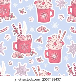 Christmas Seamless pattern. Sweet Cream Dessert Mug, cup Festive Hot Cocoa with Marshmallows on light  blue background with holly, stars and snowflakes. New Year Vector illustration