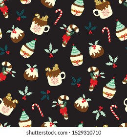 Christmas seamless pattern with sweet dessert: pudding, cupcake, candy cane, hot chocolate with gingerbread cookies, etc… on dark background. Cute holiday vector illustration.