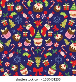 Christmas seamless pattern with sweet dessert arranged reflected, geometrical style on starry blue background.
