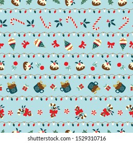 Christmas seamless pattern with sweet desserts arranged in stripes line with christmas lights. Cute holiday vector illustration for wallpaper, web page, menu background, wrapper or paper.