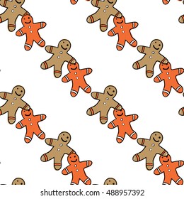 Christmas seamless pattern with sweet gingerbread men. Beautiful vector background for decoration xmas designs. Cute minimalistic art elements on white backdrop.
