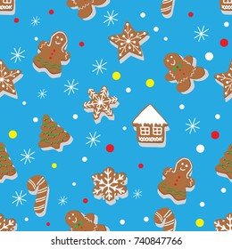 Christmas Seamless Pattern with sweet gingerbread cookies and snowflakes