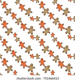 Christmas seamless pattern with sweet gingerbread men. Beautiful vector background for decoration xmas designs. Cute minimalistic art elements on white backdrop.
