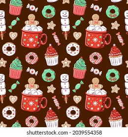 Christmas seamless pattern with sweet and tasty elements. Dark background with red cup, marshmallow, cupcake, donut, candy, gingerbread