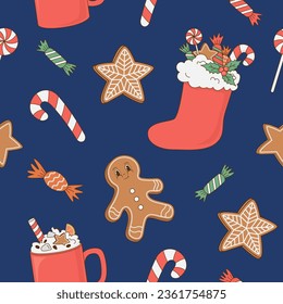 Christmas seamless pattern with sweets, gingerbread, cappucino on blue background. Cartoon vector illustration. Wrapping paper, greeting card, print