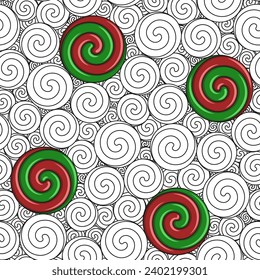 Christmas seamless pattern with swirls and candies. Vector colored background.