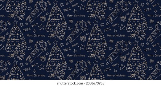 Christmas seamless pattern. The symbol of 2022. Tiger and Christmas tree. Template for use in children's design, textiles, books, packaging. 