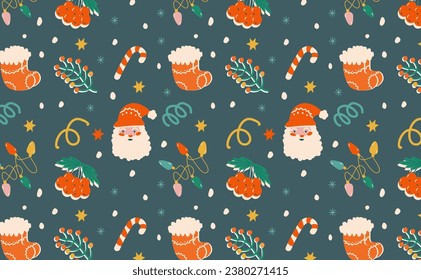 Christmas seamless pattern with Christmas symbols on a blue background. Vector EPS10