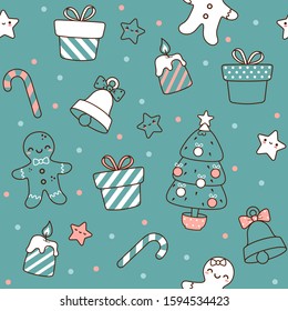 Christmas seamless pattern with christmas symbols. Christmas tree, gift, gingerbread man, star, candy, candle, bell. Cartoon vector illustration.