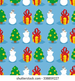 Christmas seamless pattern. Symbols of  winter holiday: Christmas tree, gift and snowman. Cute repeating ornament for new year